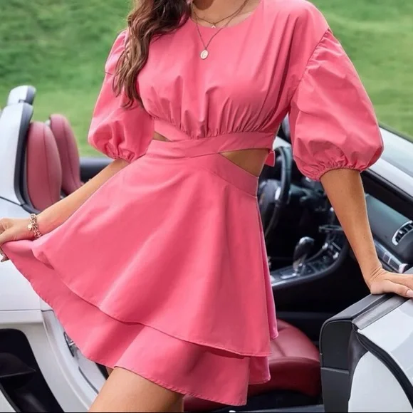 Boho pink cutout sides ruffle hem dresS LAST ONE - Picture 1 of 6